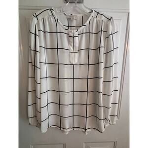 LOFT Outlet White Black Windowpane Check Long Sleeve Blouse Petite Small